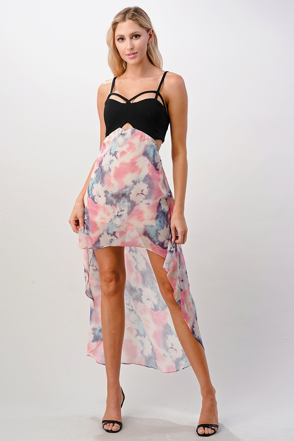 Strappy Bodice Tie-Dye High-Low Dress