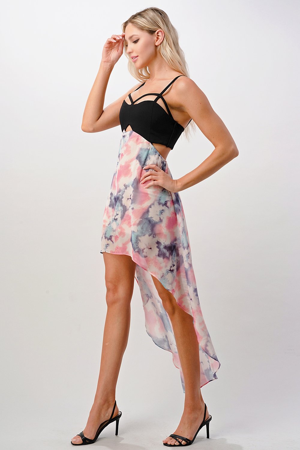 Strappy Bodice Tie-Dye High-Low Dress