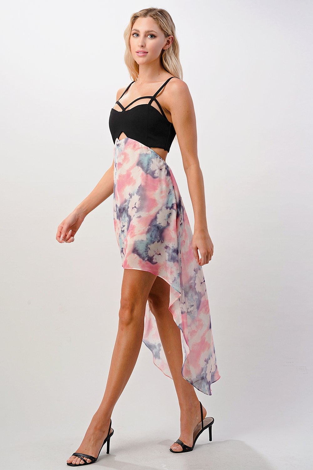 Strappy Bodice Tie-Dye High-Low Dress