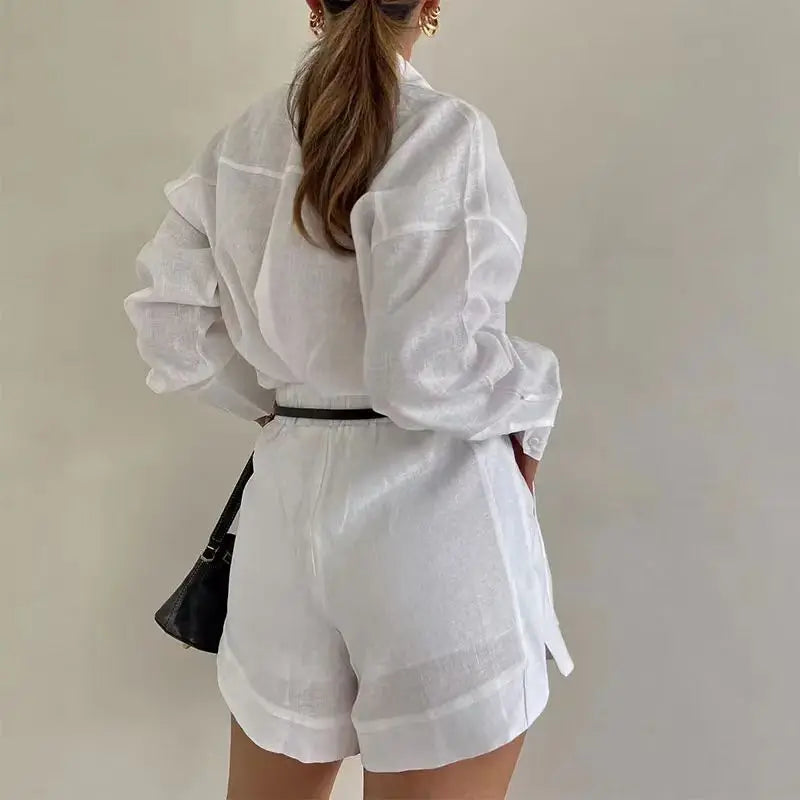 Women Summer Shorts Sets Long Sleeve Blouses with Short Pants 2 Pieces