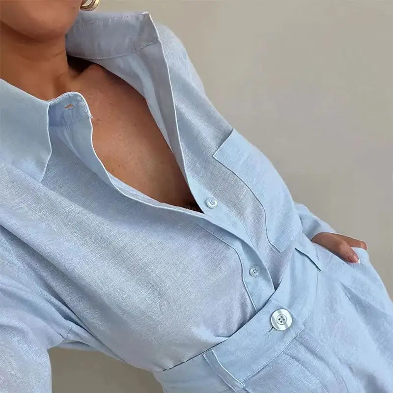 Women White Blue Lapel Button Shirts 2 Pieces Sets Casual Solid Long