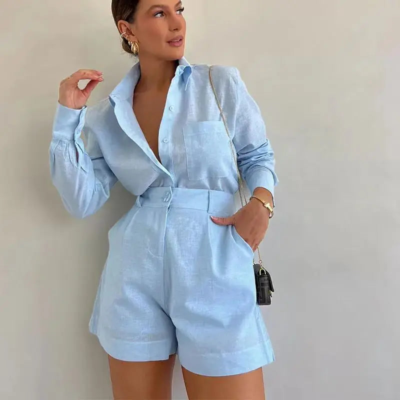 Women White Blue Lapel Button Shirts 2 Pieces Sets Casual Solid Long