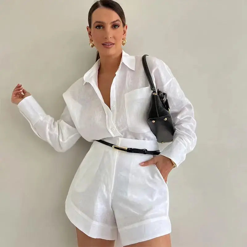 Women Summer Shorts Sets Long Sleeve Blouses with Short Pants 2 Pieces