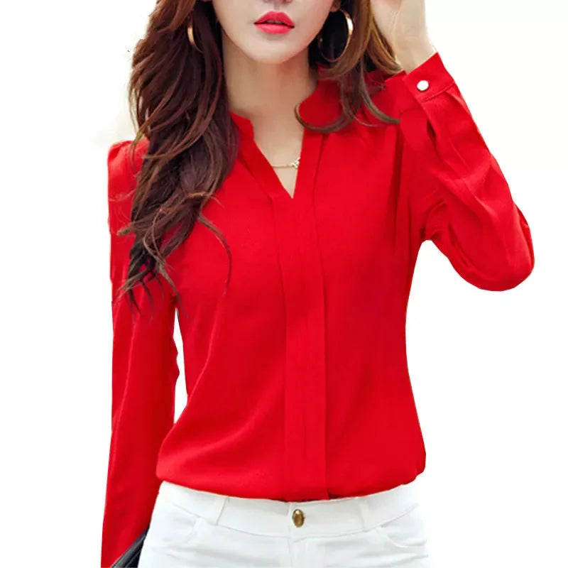 Long Sleeve Shirt Women Autumn Clothing Fashion Slim Chiffon Blouse V