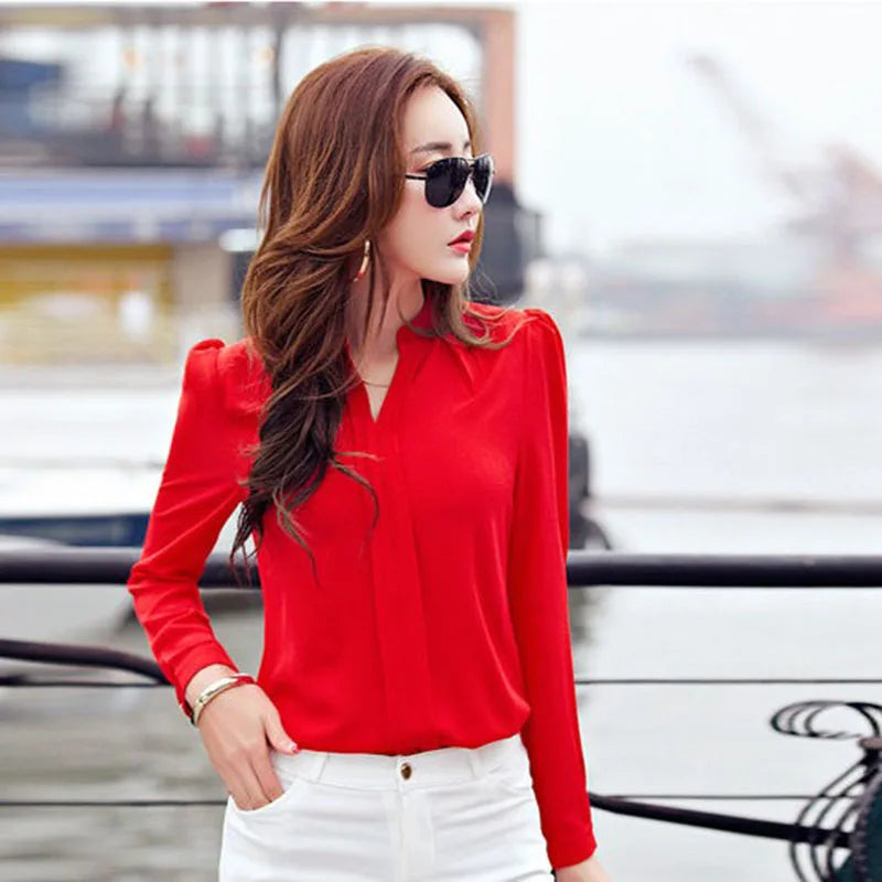 Long Sleeve Shirt Women Autumn Clothing Fashion Slim Chiffon Blouse V