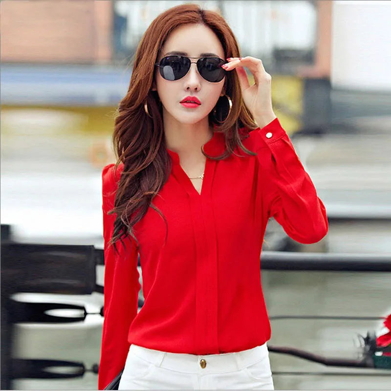 Long Sleeve Shirt Women Autumn Clothing Fashion Slim Chiffon Blouse V