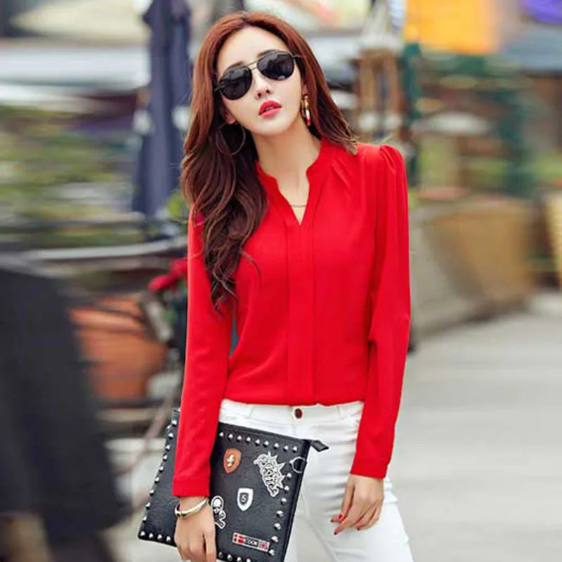 Long Sleeve Shirt Women Autumn Clothing Fashion Slim Chiffon Blouse V