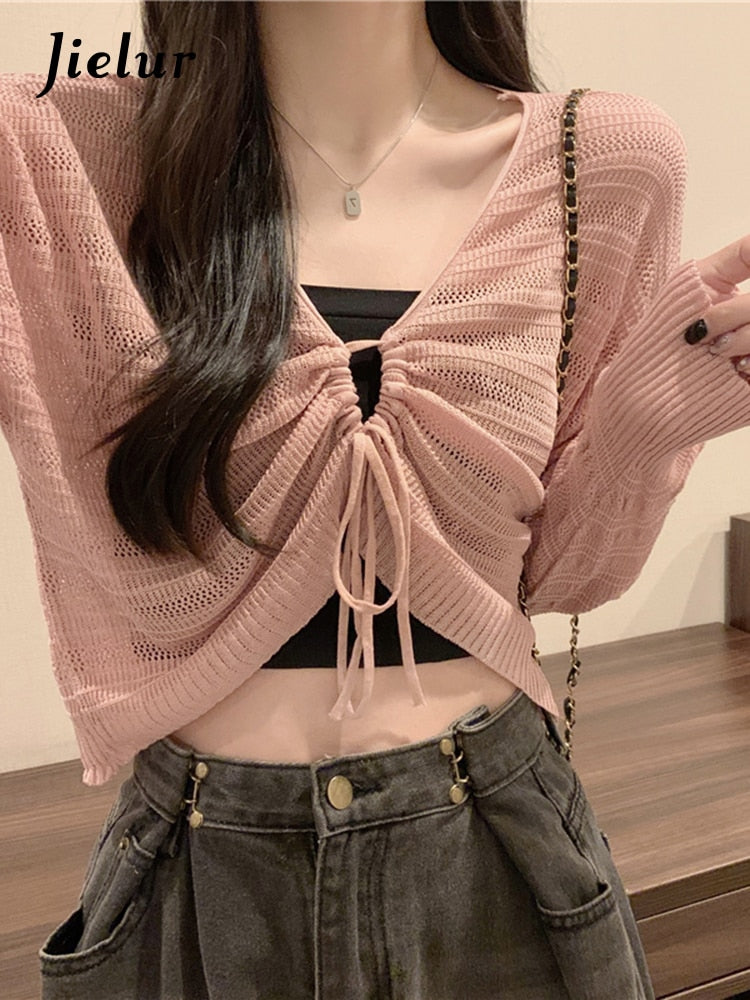 Jielur Autumn New Solid Color Slim Cardigan Woman Sweet Ladies Hollow