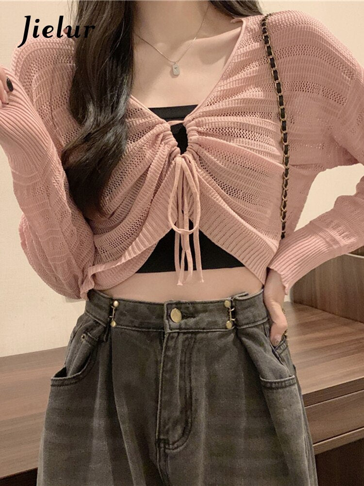 Jielur Autumn New Solid Color Slim Cardigan Woman Sweet Ladies Hollow