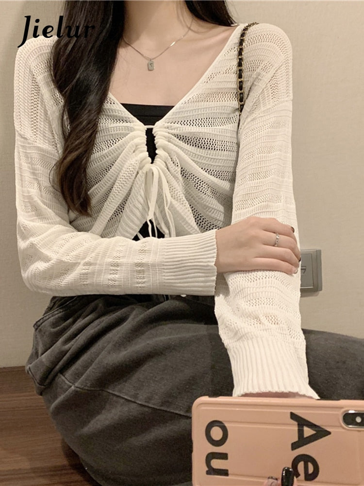 Jielur Autumn New Solid Color Slim Cardigan Woman Sweet Ladies Hollow