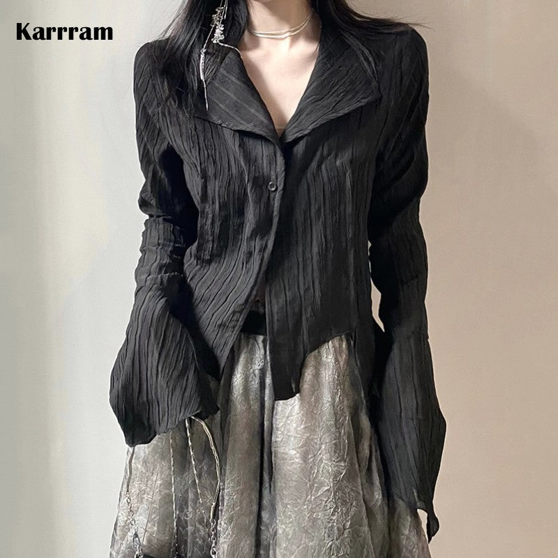 Karrram Gothic Black Shirt Yamamoto Style Dark Aesthetic Blouse Women