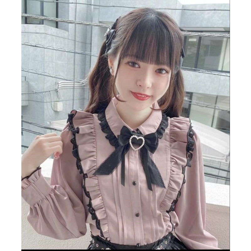 Kawaii Women Shirts Lolita Y2k Cute Japanese Style Blouse Elegant Long