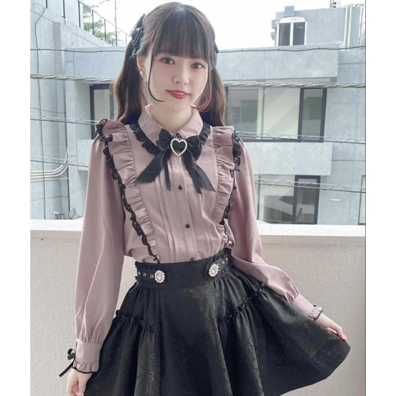 Kawaii Women Shirts Lolita Y2k Cute Japanese Style Blouse Elegant Long