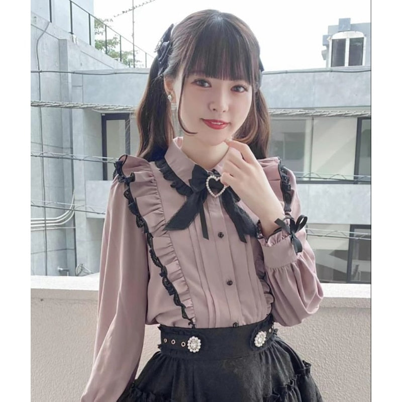 Kawaii Women Shirts Lolita Y2k Cute Japanese Style Blouse Elegant Long