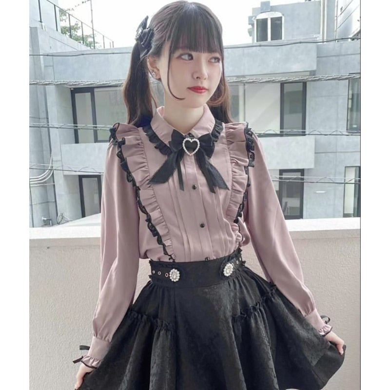 Kawaii Women Shirts Lolita Y2k Cute Japanese Style Blouse Elegant Long