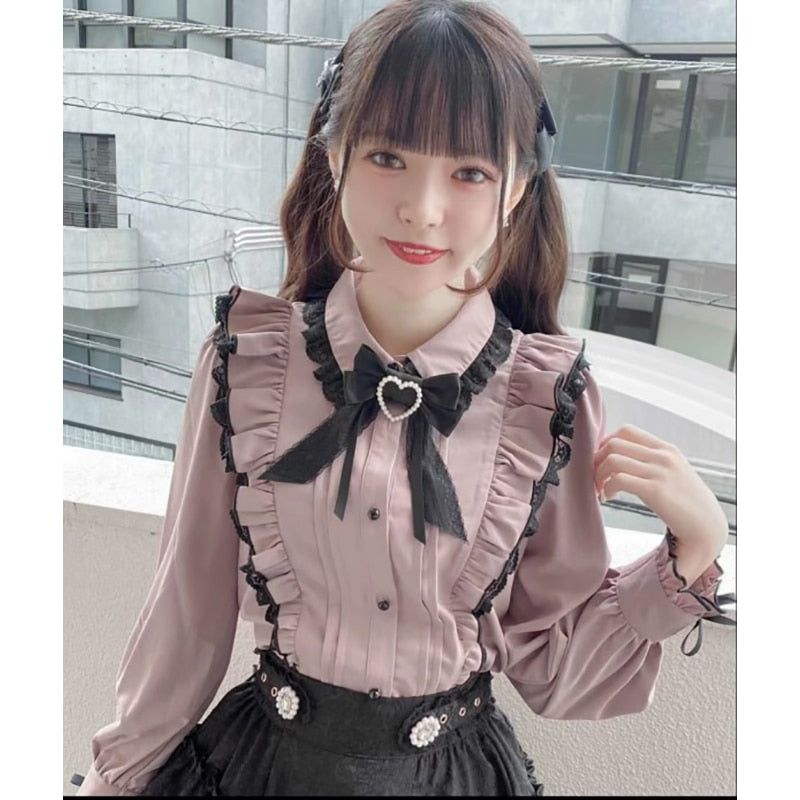 Kawaii Women Shirts Lolita Y2k Cute Japanese Style Blouse Elegant Long