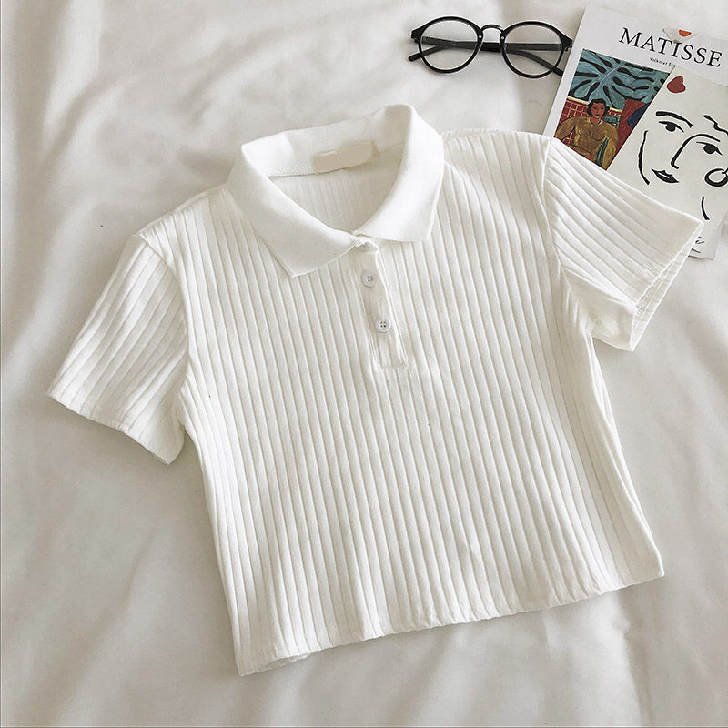 Knitted Polo Crop Top Shirt Women Turn Down Collar Blouse High Waist