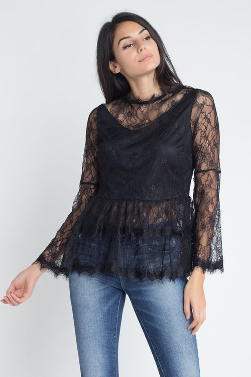 Women's Semi Lace Zipper Back Flare Sleeve Blouse