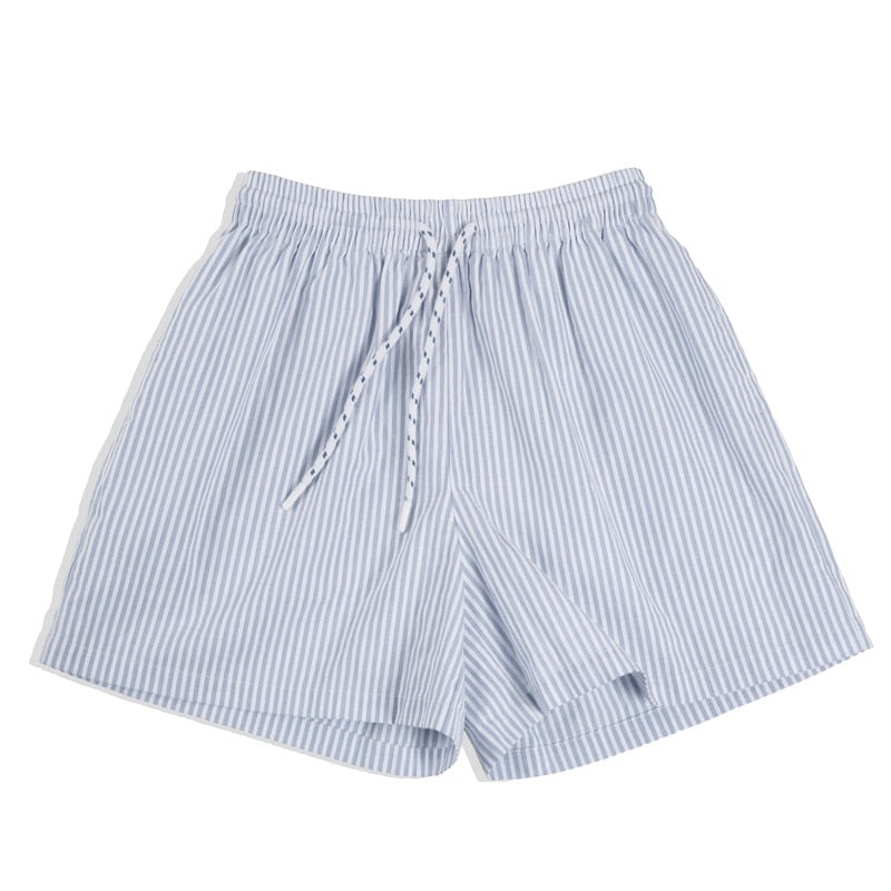 Maden Women's Blue White Striped Shirt and Shorts Sets Loose Casual