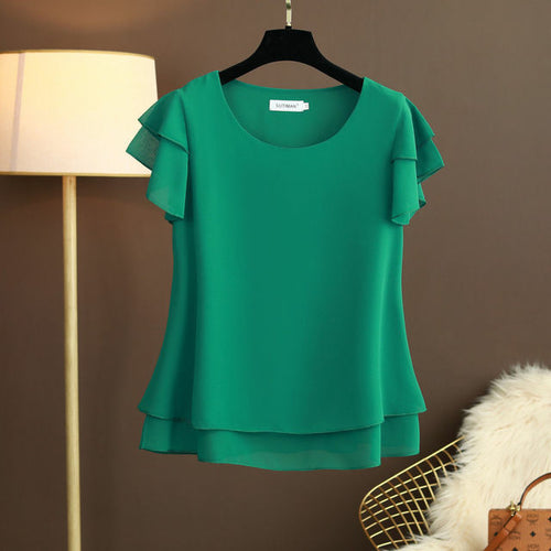 New Summer Women Blouse Loose O-neck Chiffon Shirt Female Short Sleeve