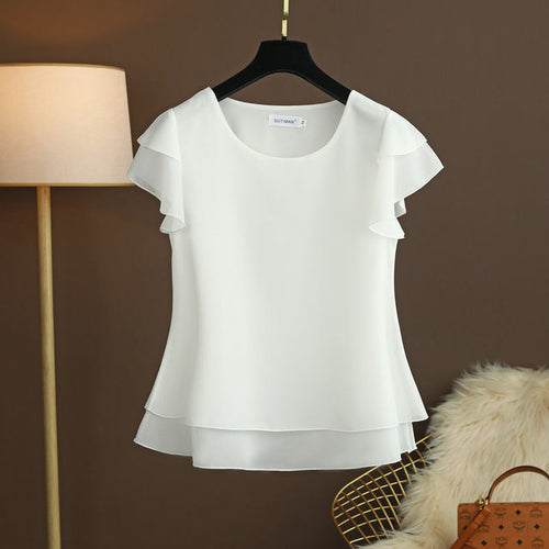 New Summer Women Blouse Loose O-neck Chiffon Shirt Female Short Sleeve