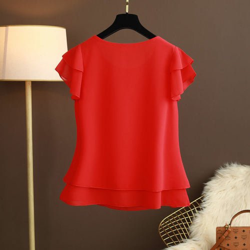 New Summer Women Blouse Loose O-neck Chiffon Shirt Female Short Sleeve