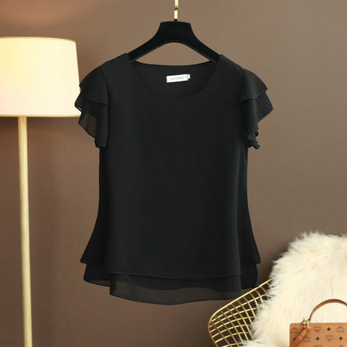 New Summer Women Blouse Loose O-neck Chiffon Shirt Female Short Sleeve