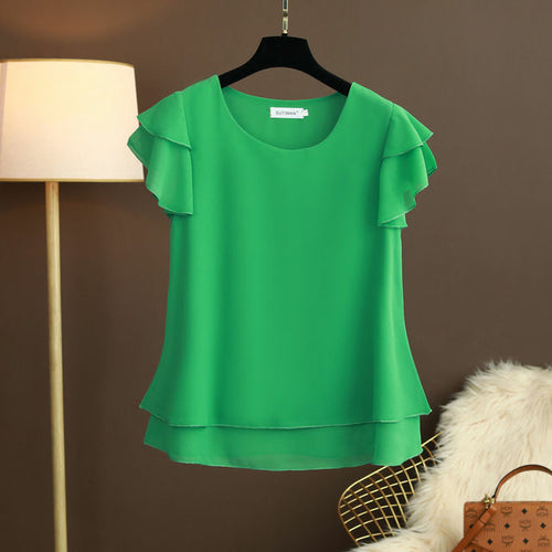 New Summer Women Blouse Loose O-neck Chiffon Shirt Female Short Sleeve