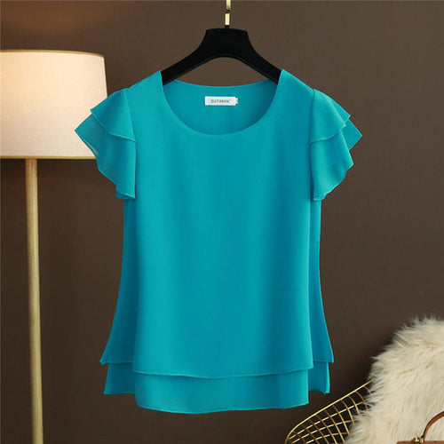 New Summer Women Blouse Loose O-neck Chiffon Shirt Female Short Sleeve