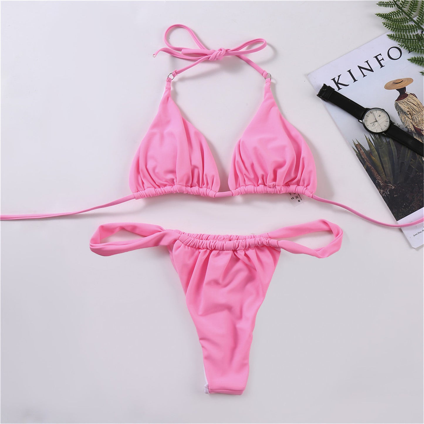 Pink Swimsuit Bikini Women Solid Color Sexy High Leg Thong Swimwear