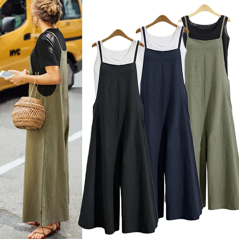 Women Straps Jumpsuit Summer Solid Color Wide Leg Pants Dungaree Bib