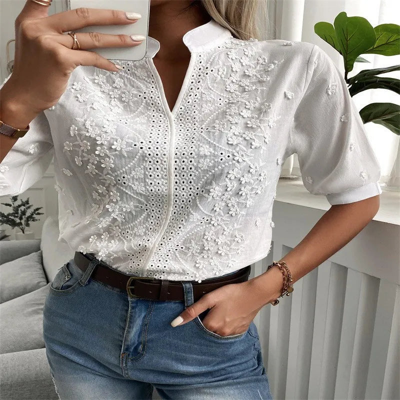 2024 Summer Elegant Short Sleeve White Shirt Vintage Tops Crochet