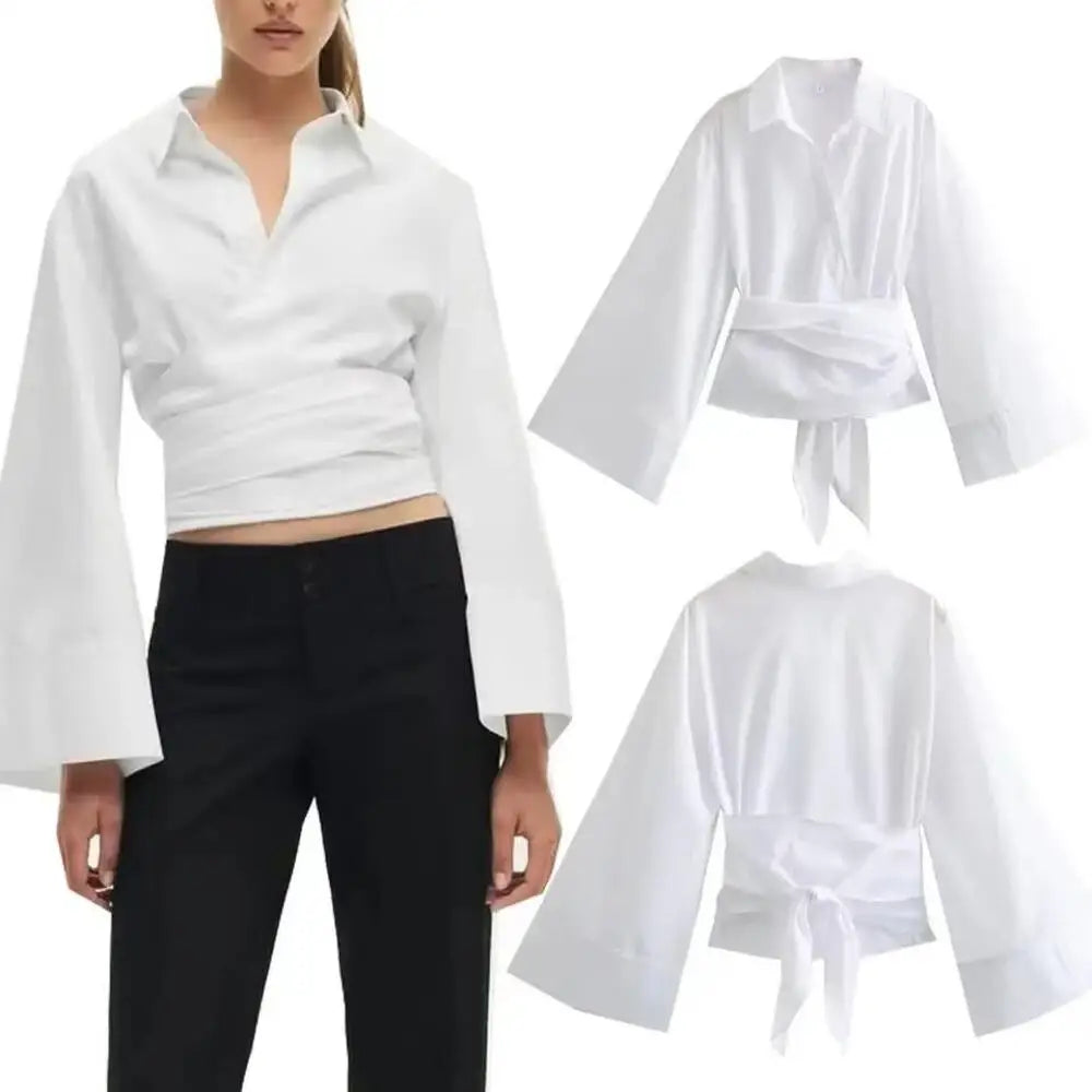 Women's Long Sleeve Kimono Blouses With Bow Tie, Casual Polo Neck,