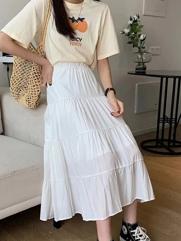 Spring Summer Women Chiffon Skirts Vintage High Waist Elastic