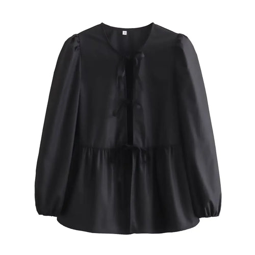 Vintage Women Puff Sleeve Loose Shirts 2024 Fashion Ladies Sweet Bow