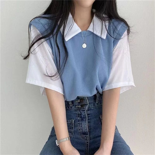 Summer Blouse Women Korean Style False Two-piece Polo Collar Blouses