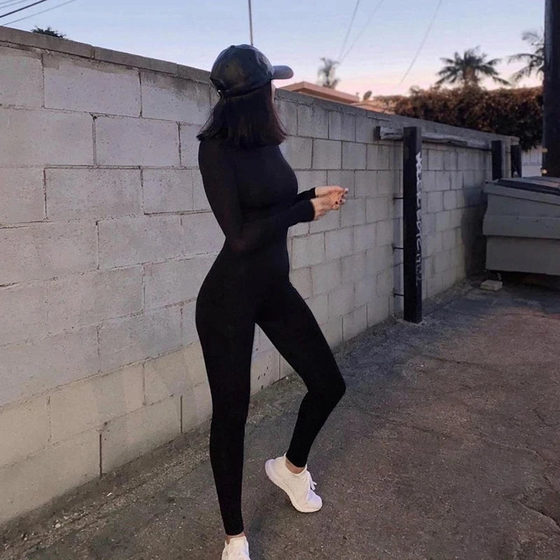 Solid Black/gray Long Sleeve Skiing Jumpsuit Women Elastic Hight