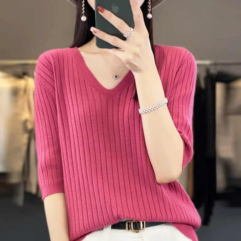 Women Sweater Short Sleeve V-neck Stripe Knitwears Slim Fit Shirt