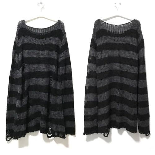 New Punk Gothic Long Unisex Sweater Summer Women Striped Cool Hollow