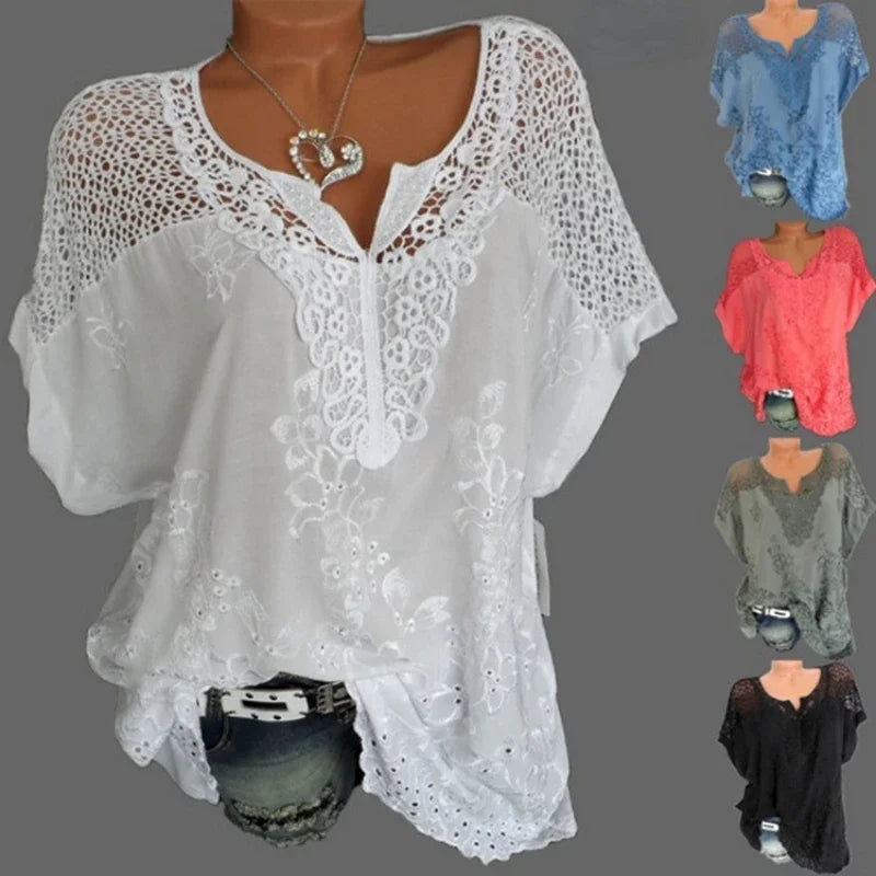 New Summer Short Sleeve Womens Blouses and Tops Loose White Lace