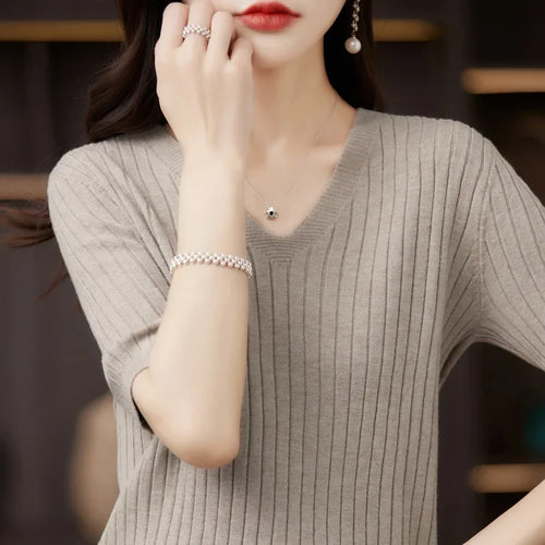 Women Sweater Short Sleeve V-neck Stripe Knitwears Slim Fit Shirt