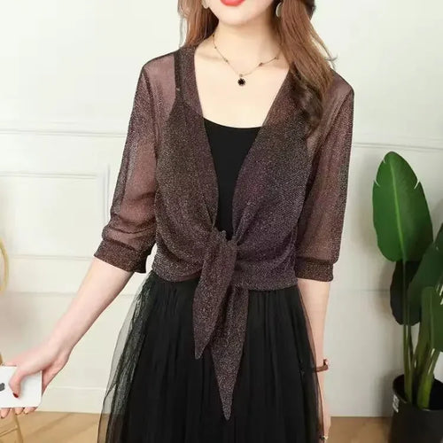 Women's Sheer Glitter Lace-up Cardigan Half Sleeve Summer Lightweight