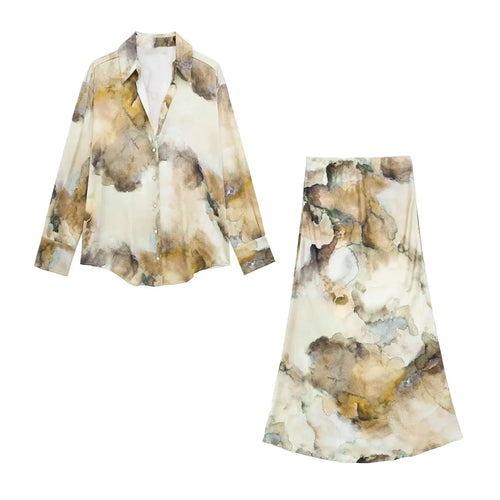 TRAFZA 2024 Spring Print Blouse Skirt Sets For Women Tie Dye Long