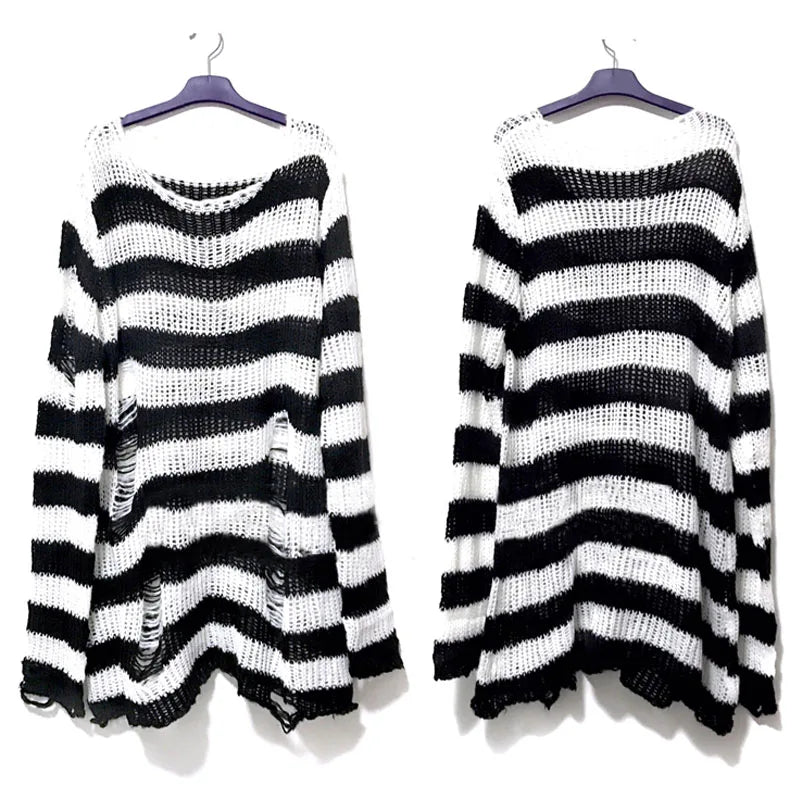 New Punk Gothic Long Unisex Sweater Summer Women Striped Cool Hollow