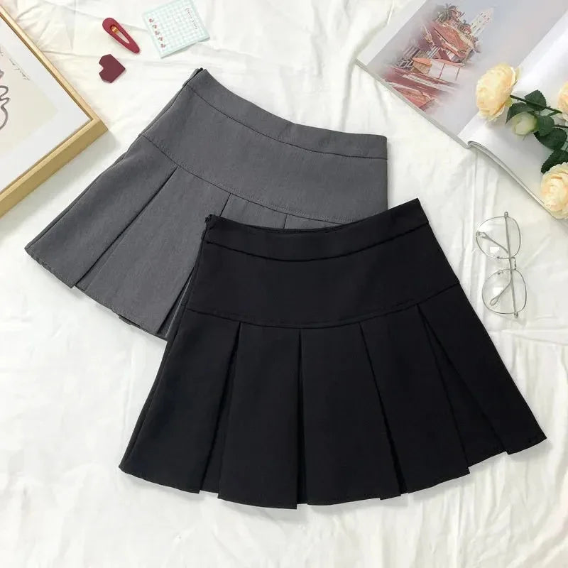 Vintage Gray Pleated Skirt Women Kawaii High Waist Mini Skirts Korean