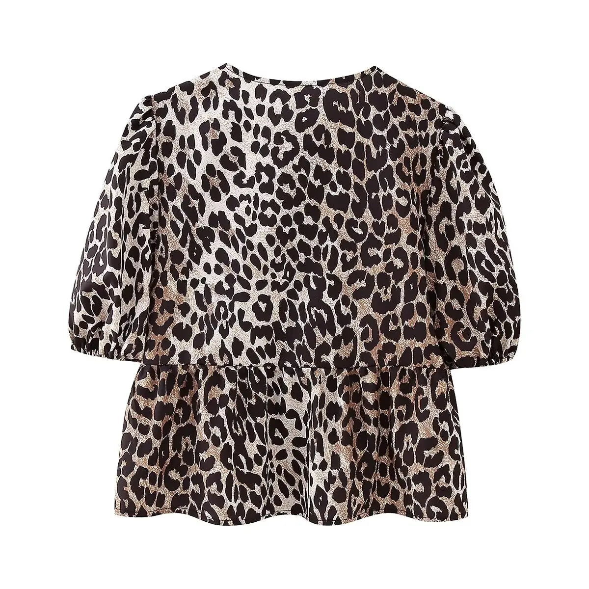 Summer Shirt With Strap Lace-up Leopard Blouse Puff Sleeve Crop Top