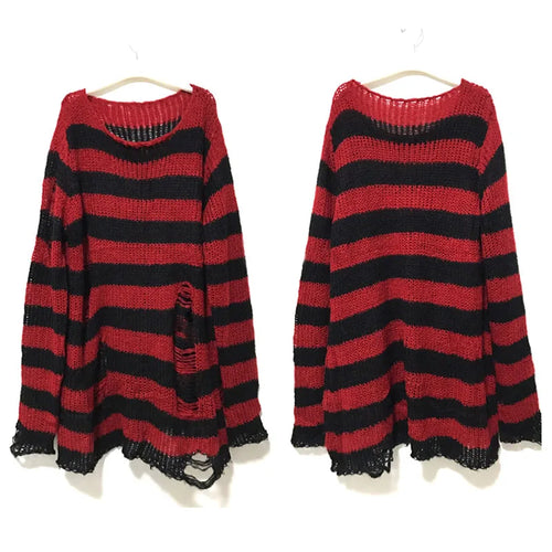 New Punk Gothic Long Unisex Sweater Summer Women Striped Cool Hollow