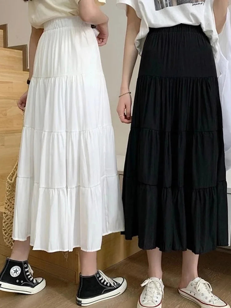 Spring Summer Women Chiffon Skirts Vintage High Waist Elastic