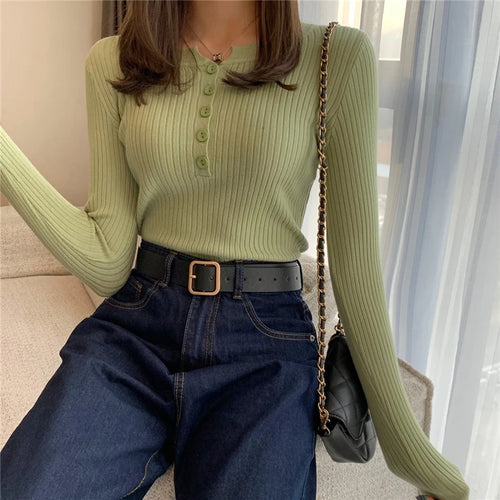 Knitted Women Sweater Button O-neck Pullovers Spring Autumn Basic