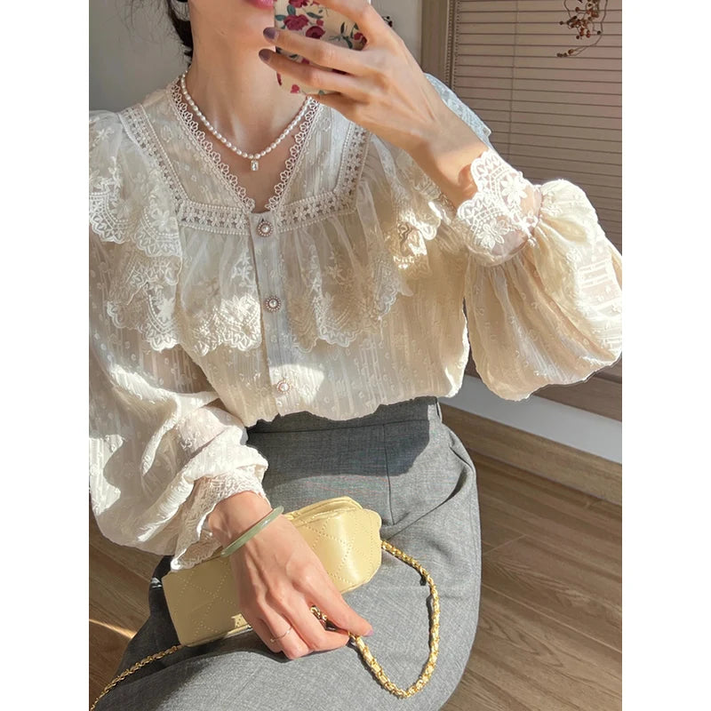 Vintage French Women Shirts Lace Lolita Elegant Long Sleeve Flounce